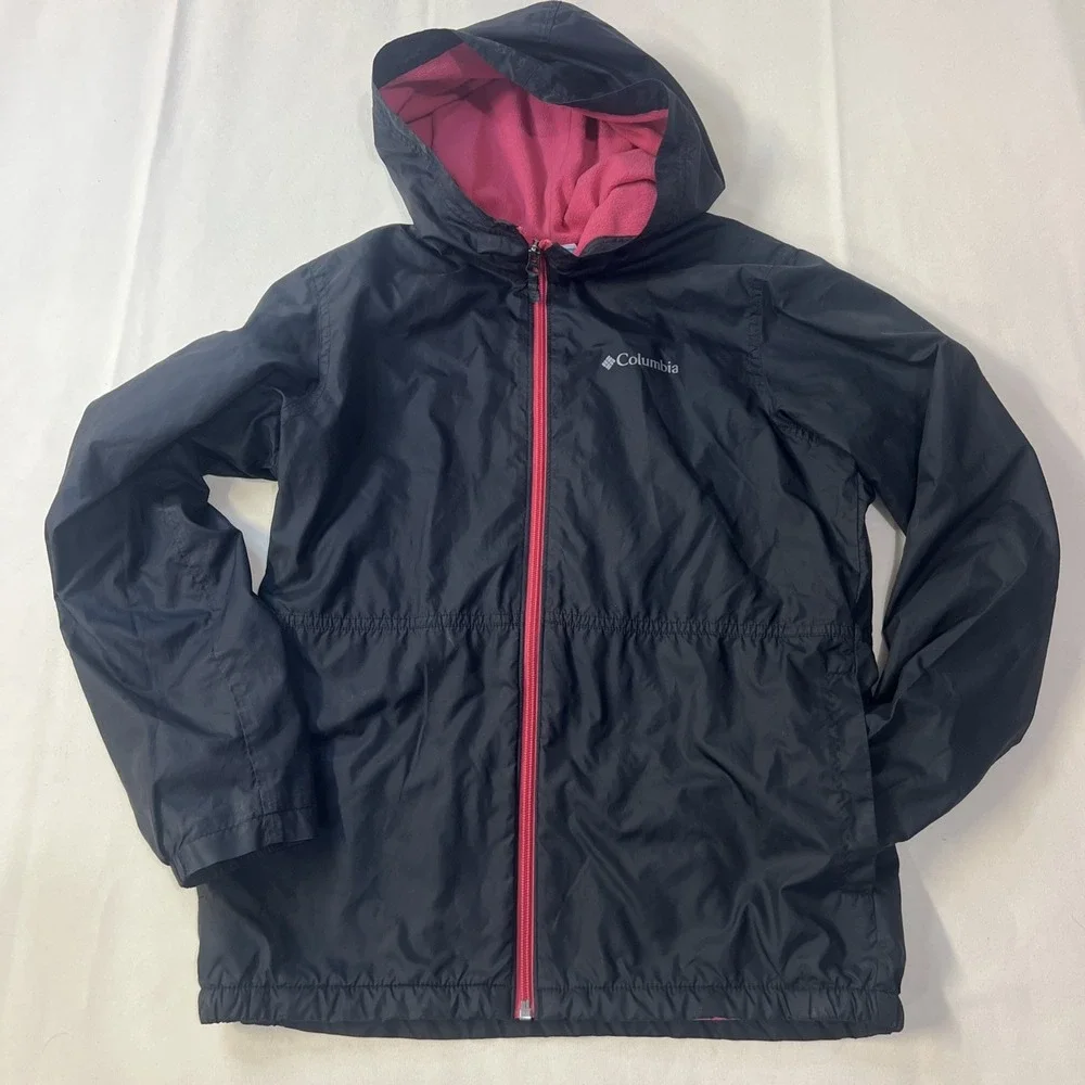 Columbia Youth Large 14/16 Hooded Jacket Black Pink Fleece Lined Full Zip